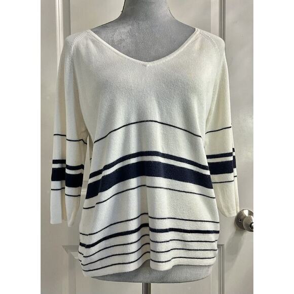 Christopher & Banks Blue Striped Pullover V Neck Crop Sweatshirt Women’s L - Picture 2 of 9
